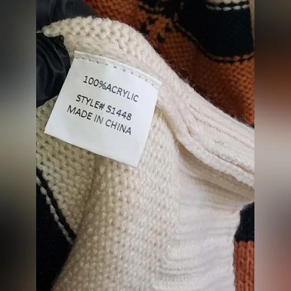 Cream Open Front Cardigan Rust Black Stripes Native Long Southwest Large Pockets - Picture 5 of 6